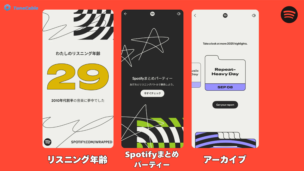 「Spotifyまとめ2025」リスニング年齢、Spotifyまとめパーティー、Listening Archive